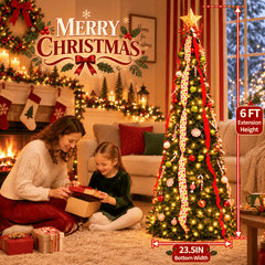 6FT Pop Up Whimsical Christmas Tree, Collapsible Foldable Christmas Tree Pull Up Fully Decorated Xmas Trees with Red Green Ornaments Set for Indoor Outdoor Home Xmas Holiday Party Decor