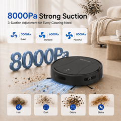 PrettyCare C2-v2 Robot Vacuum and Mop Combo Cleaner, 3-in-1, 8000Pa Suction, 5200mAh Battery, Black
