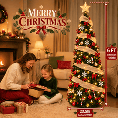 6FT Pre Lit Pop Up Christmas Tree,Pre-Decorated Artificial Tree,Gold Surround Ribbon,Easy Assemble Collapsible Xmas Trees for Holiday Party Decoration