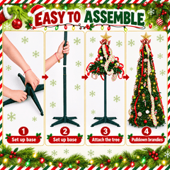 6FT Pop Up Whimsical Christmas Tree, Collapsible Foldable Christmas Tree Pull Up Fully Decorated Xmas Trees with Red Green Ornaments Set for Indoor Outdoor Home Xmas Holiday Party Decor