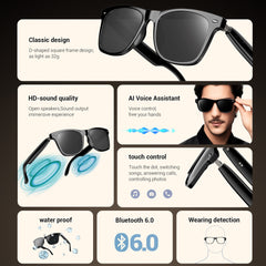 IOWODO Bluetooth Sunglasses for Men and Women, Smart Audio Glasses with Open-Ear Speakers, Built-in Mic, Hands-Free Calls, Music, Touch Control, Voice Assistant, Polarized UV400 Black