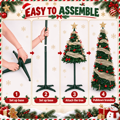 6FT Pre Lit Pop Up Christmas Tree,Pre-Decorated Artificial Tree,Gold Surround Ribbon,Easy Assemble Collapsible Xmas Trees for Holiday Party Decoration